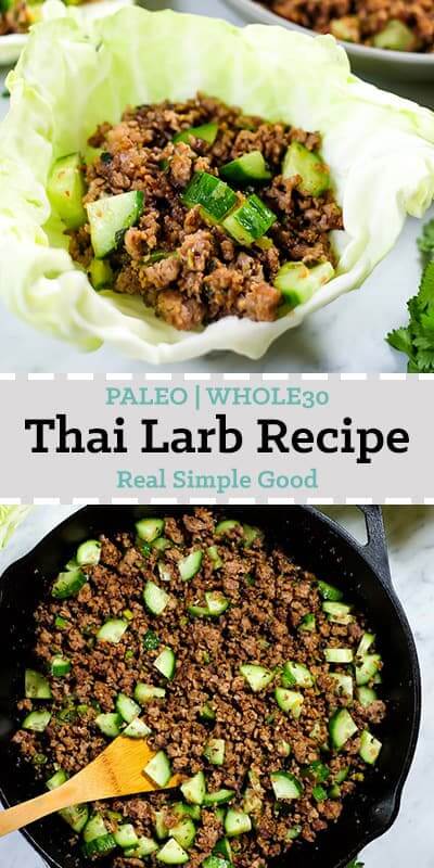 This is a Thai larb recipe with ground pork or chicken, cucumber and some seasonings. Shown in a cabbage shell and also in a cast iron skillet. 