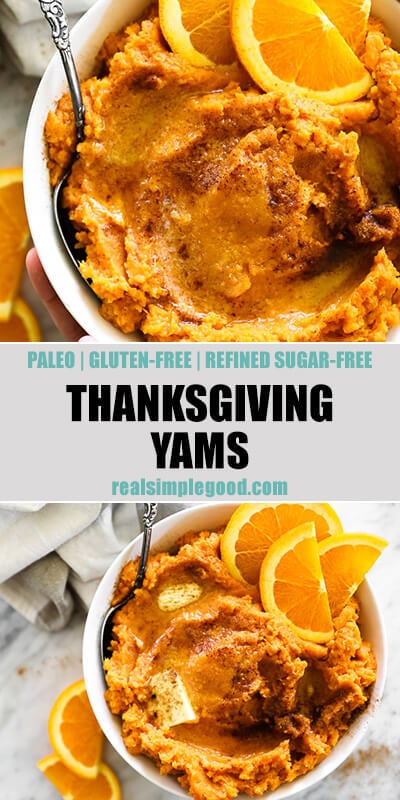Two vertical images of Thanksgiving yams in a bowl with serving spoon. Text overlay in the middle. 