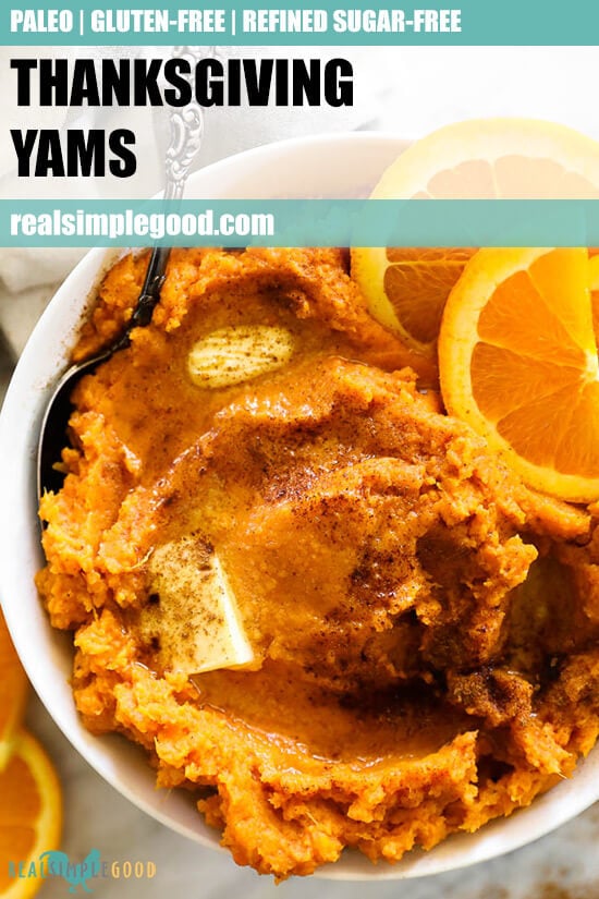 Close up image of Thanksgiving yams in a bowl with a serving spoon with text overlay at top. 