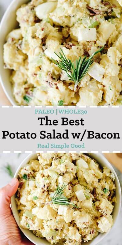 The best potato salad with bacon in a bowl with rosemary long pin