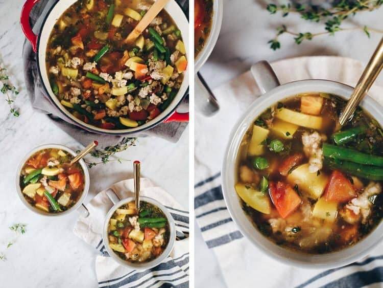 The abundance of summer produce inspired this Paleo and Whole30 turkey and summer vegetable soup. It's the perfect way to use up your garden fresh veggies! Filled with onion, celery, garlic, herbs, tomatoes and summer squash. Paleo + Whole30 | realsimplegood.com