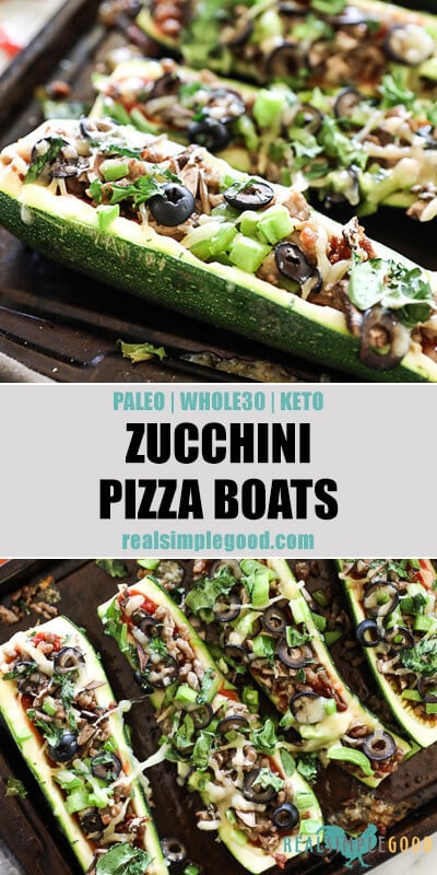 Two vertical images of zucchini pizza boats on sheet pan with text in the middle. Loaded with marinara sauce, italian sausage, bell pepper, mushrooms, olives and cheese. Fresh basil sprinkled on top. 