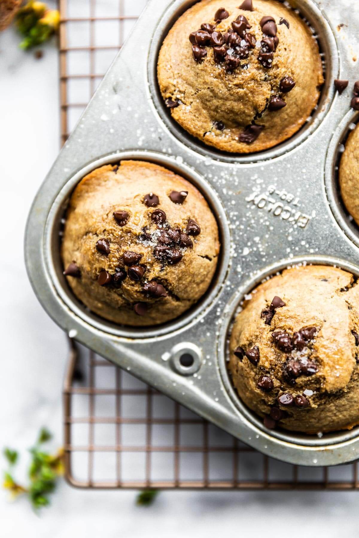 Overhead image of chocolate chip protein muffins in a muffin tin