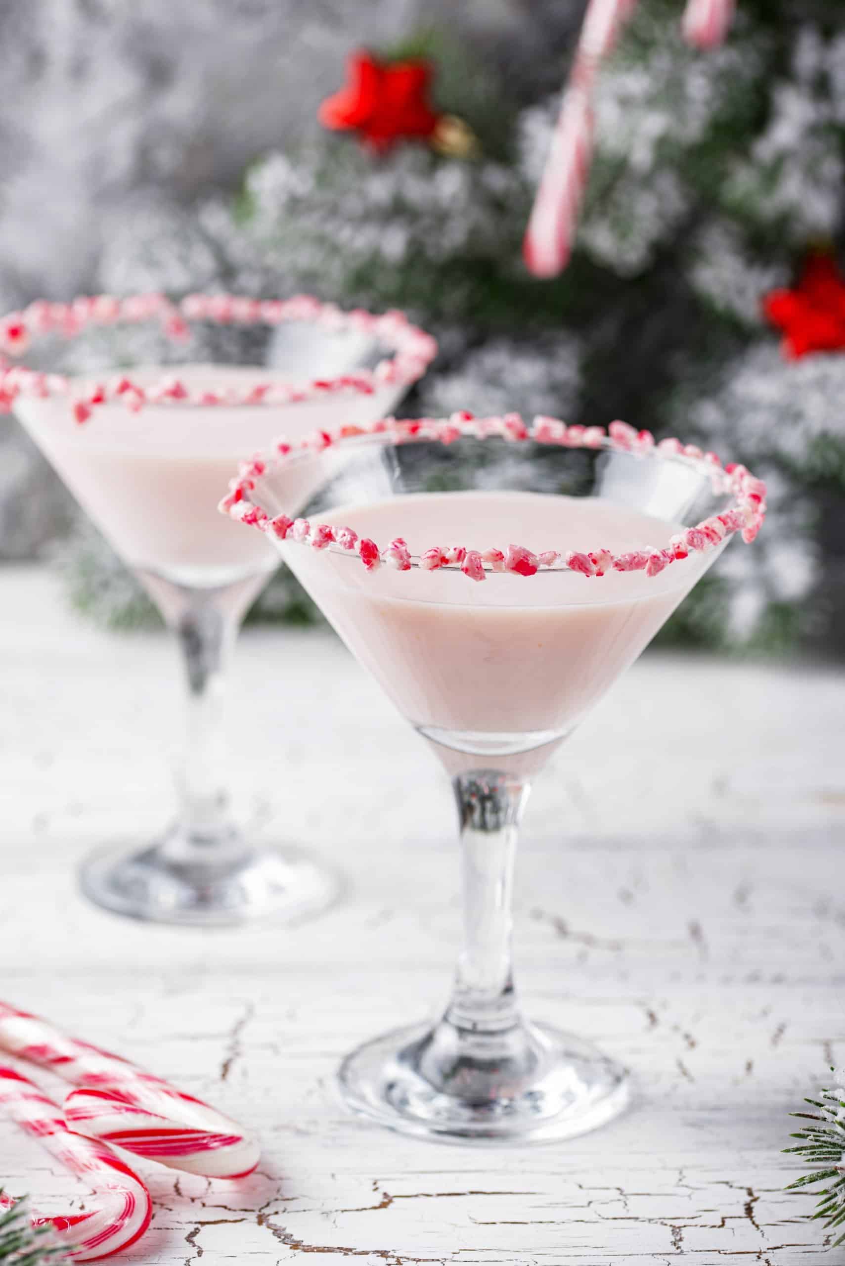 White peppermint candy cane martinis with peppermint rims and christmas tree background